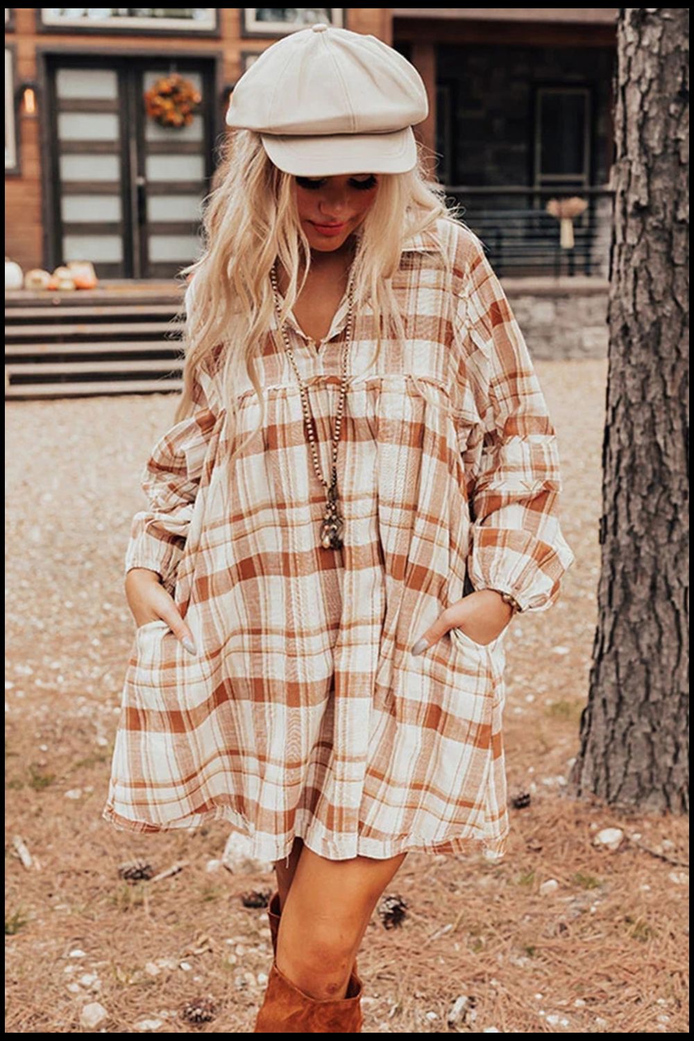 Plaid Collared Neck Long Sleeve Mini Shirt Dress | Casual Shirt Dress