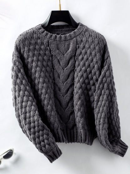 Cable-Knit Round Neck Long Sleeve Sweater | Sweater Weather | Cozy Fashion