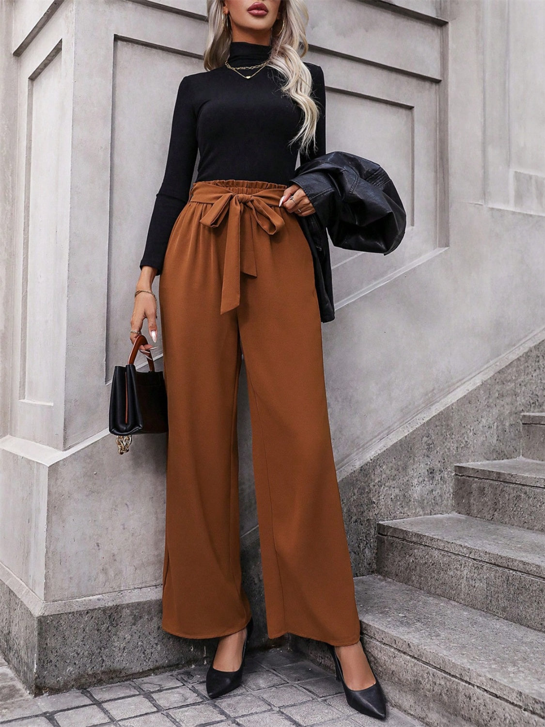 Tied Caramel Colored Wide Leg Pants