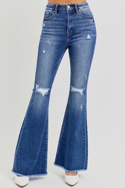 RISEN Full Size High Rise Distressed Raw Hem Flare Jeans |Women's Jeans