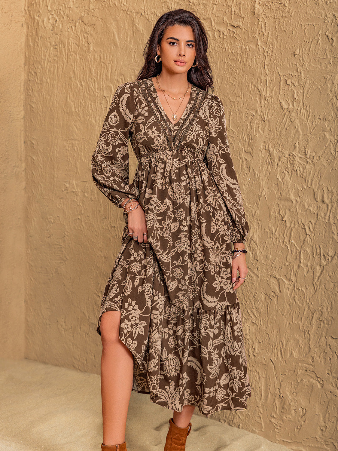 Ruched Printed V-Neck Long Sleeve Midi Dress | Fall Dresses | Cozy Dresses