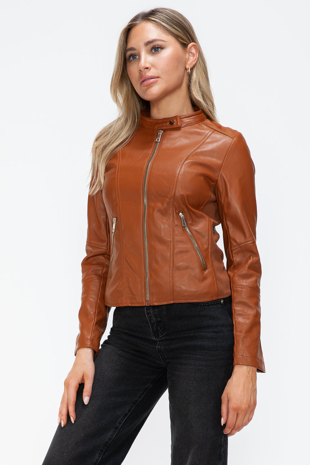 Synthetic Leather Biker Jacket with Side Zip Pockets | Winter Jacket | Drawstring Hooded Jacket