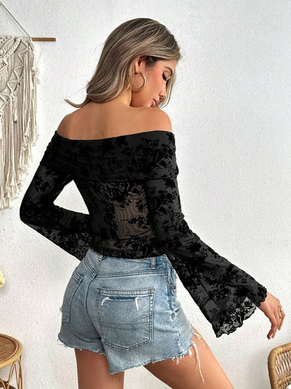 Black Off-Shoulder Flare Sleeve Lace Top | Lace Blouses