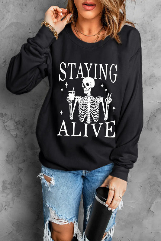 Skull Graphic Halloween Round Neck Long Sleeve Sweatshirt