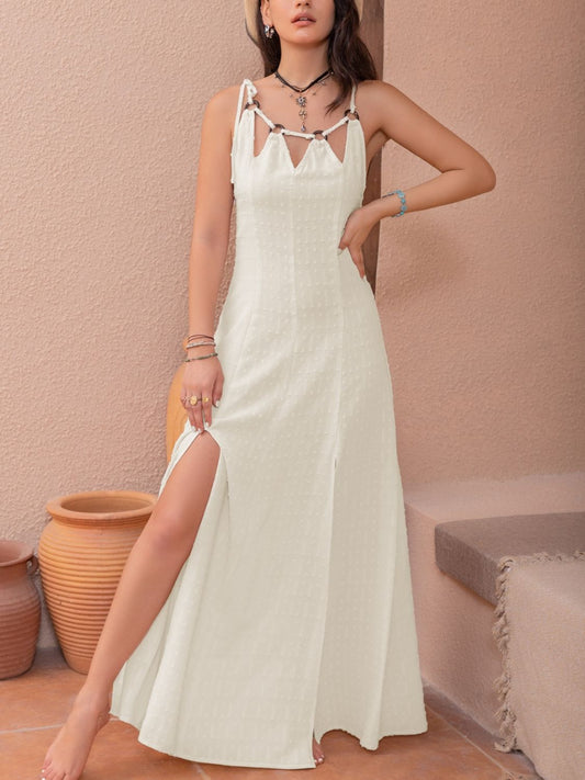 Cream Swiss Dot Cutout Sleeveless Maxi Dress