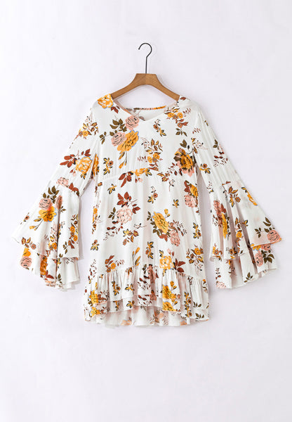 White and Yellow Floral Printed V-Neck Flare Sleeve Mini Dress | Spring Dresses