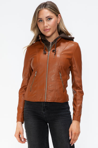 Synthetic Leather Biker Jacket with Side Zip Pockets | Winter Jacket | Drawstring Hooded Jacket