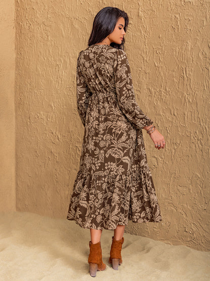 Ruched Printed V-Neck Long Sleeve Midi Dress | Fall Dresses | Cozy Dresses