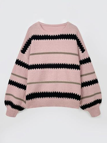 Contrast Striped Round Neck Long Sleeve Sweater | Winter Fashion