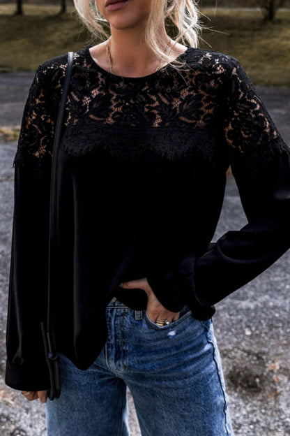 Black Lace Detail Round Neck Long Sleeve Blouse | Casual Tops | Boho Blouses