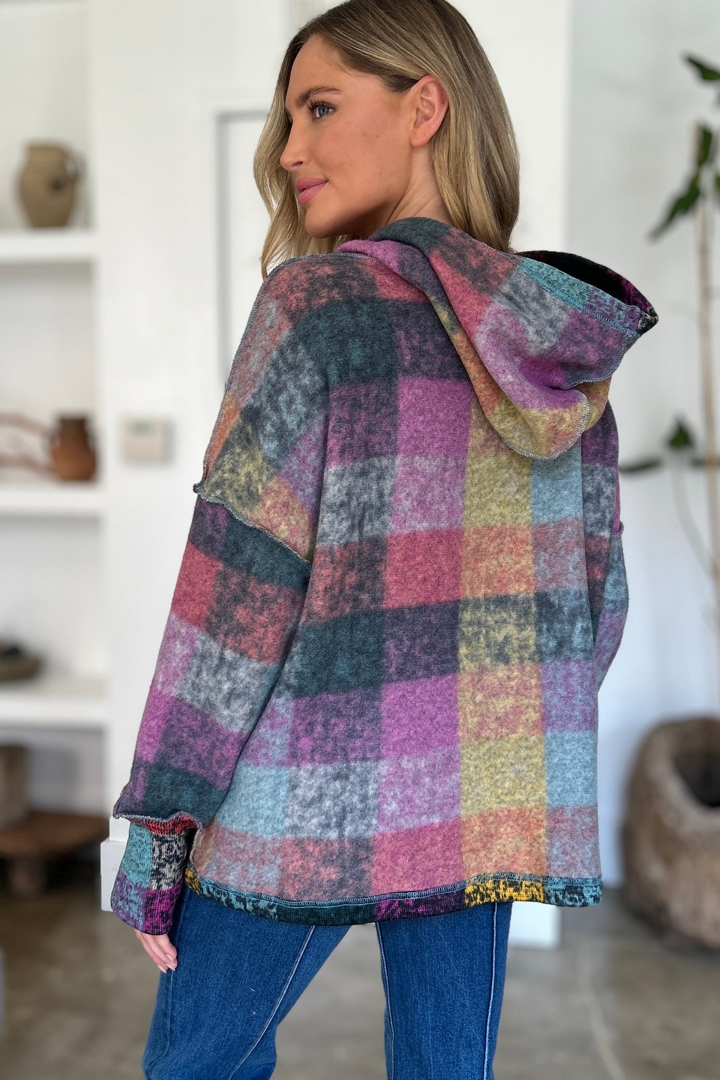 Multicolor Plaid Dropped Shoulder Hoodie