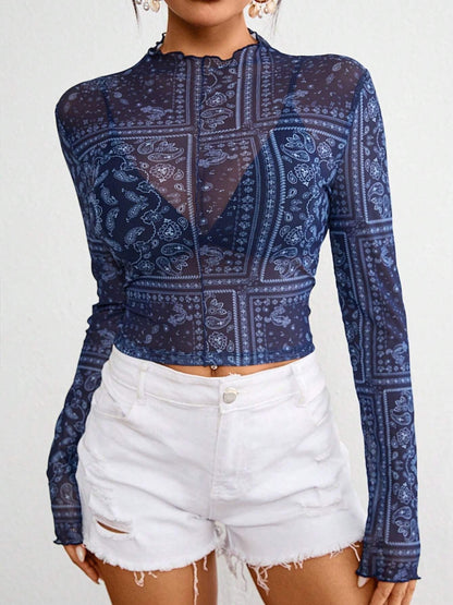 Navy Paisley Mock Neck Long Sleeve Sheer Top | Spring Blouse