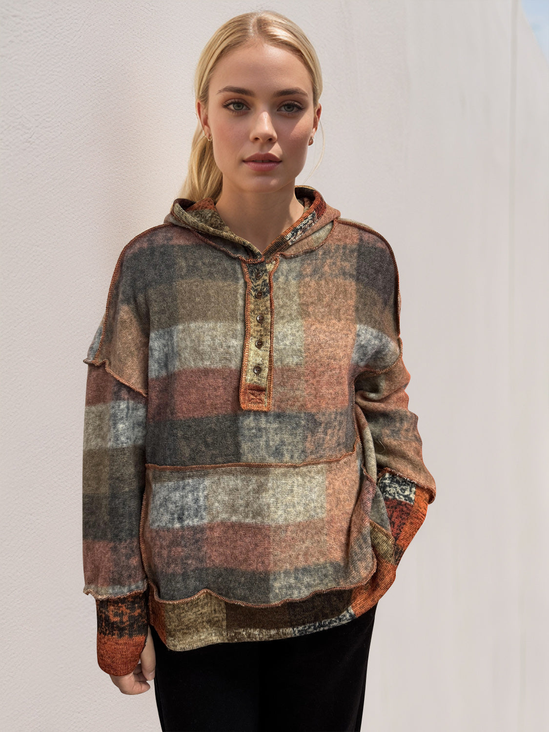 Multicolor Plaid Dropped Shoulder Hoodie