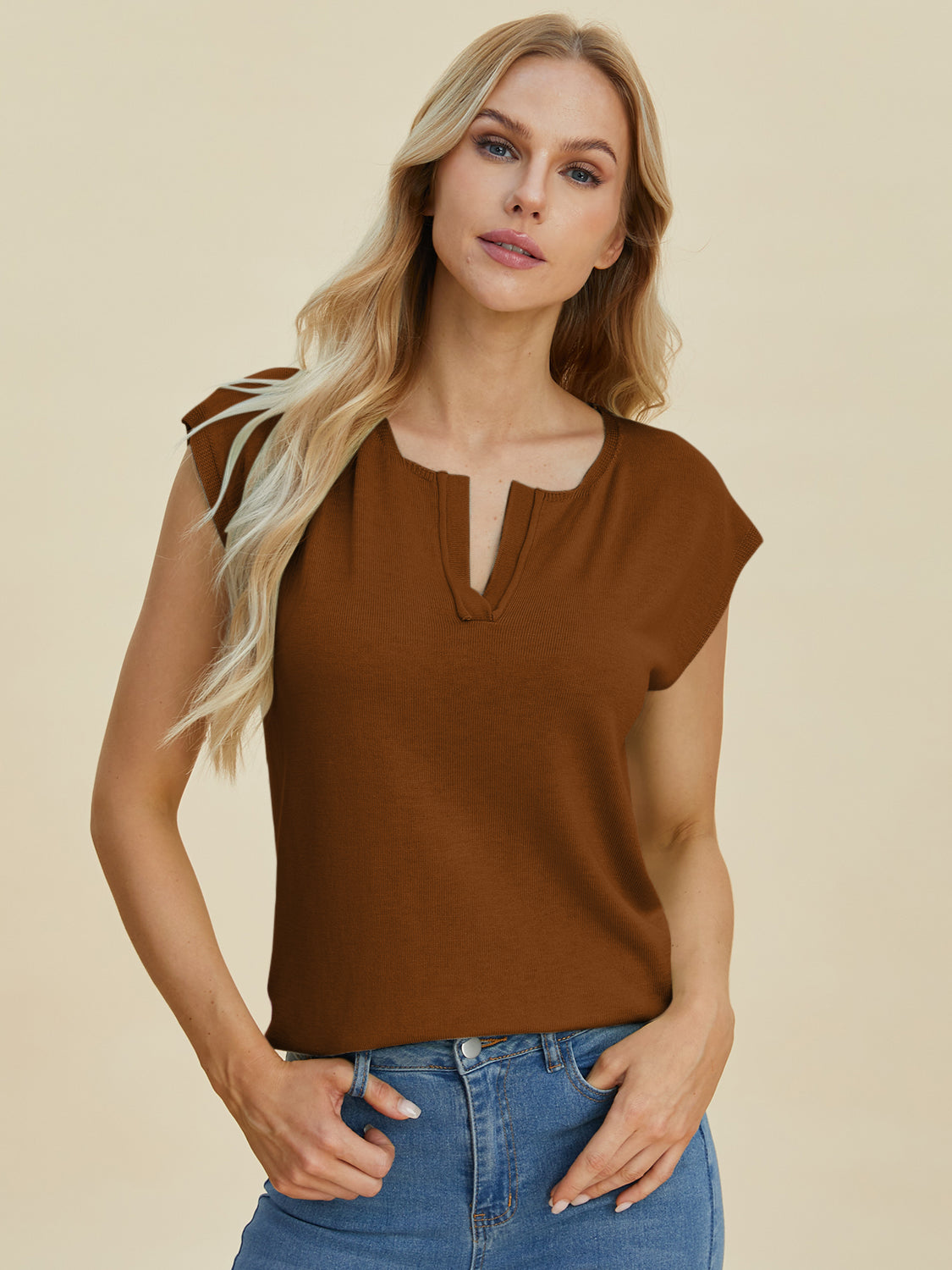 Notched Cap Sleeve Casual Knit Top | Basics | Everyday Fashion