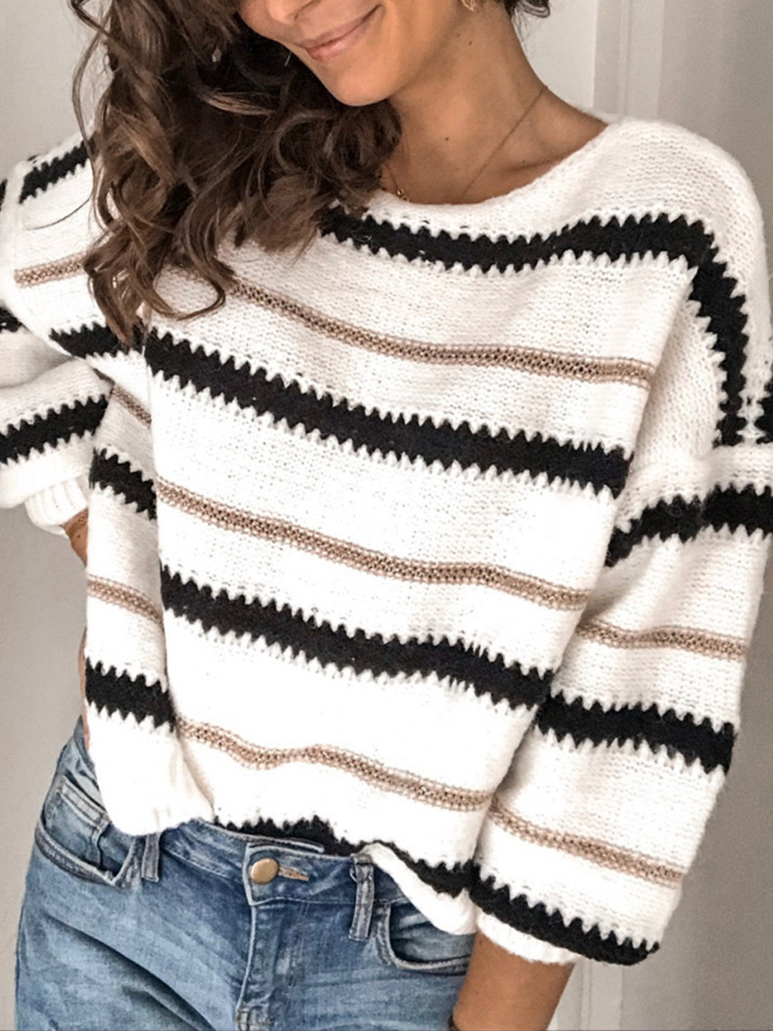 Contrast Striped Round Neck Long Sleeve Sweater | Winter Fashion