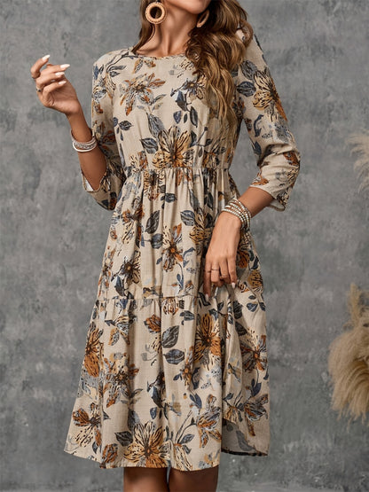 Floral Printed Round Neck Three-Quarter Sleeve Dress | Fall Dresses