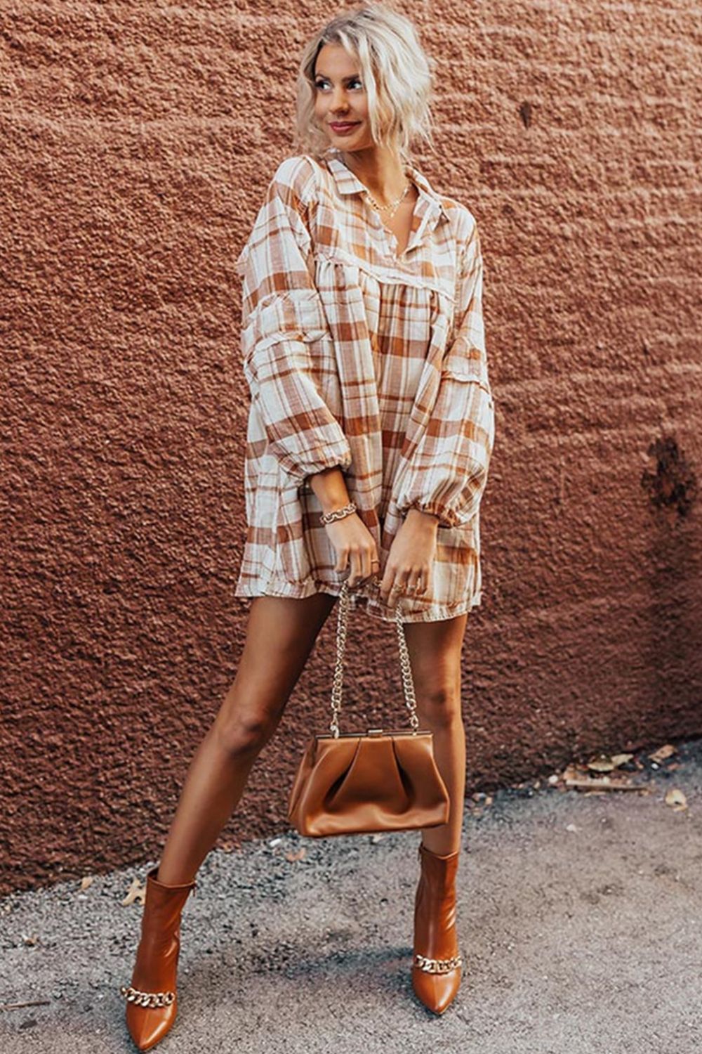 Plaid Collared Neck Long Sleeve Mini Shirt Dress | Casual Shirt Dress