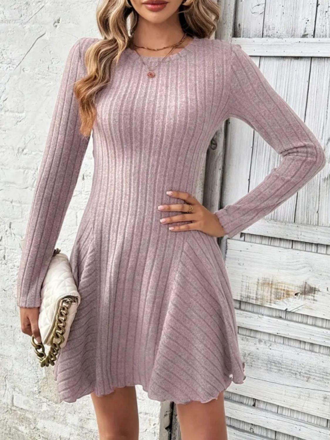 Dusty Pink Ribbed Round Neck Long Sleeve Mini Dress | Casual Dresses