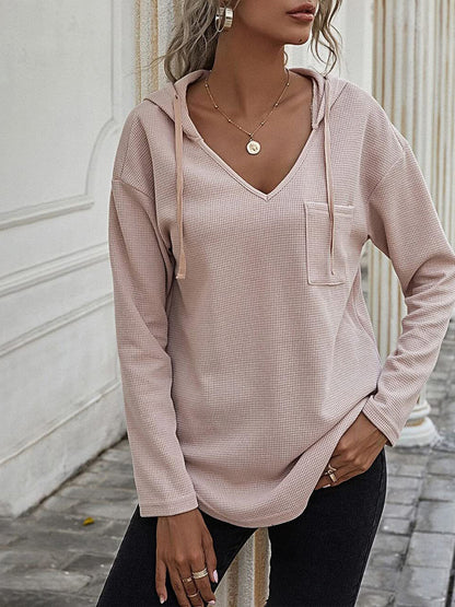 Drawstring Waffle Knit Long Sleeve Hooded Top