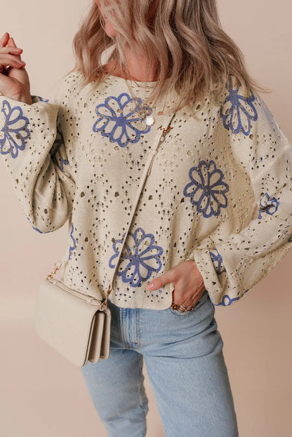 Openwork Round Neck Long Sleeve Knit Top