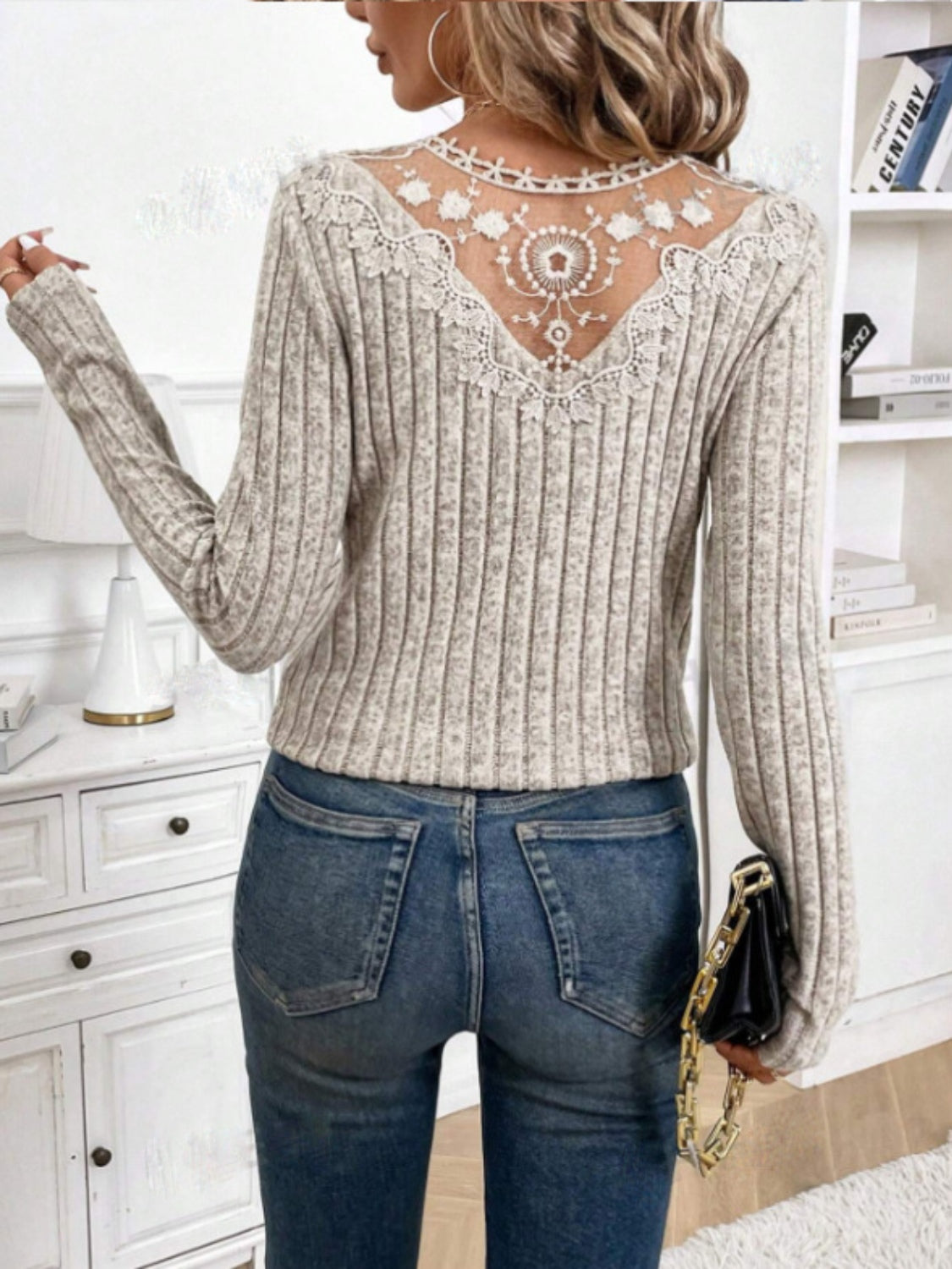 Lace Detail V-Neck Long Sleeve T-Shirt | Winter Blouse | Blouses