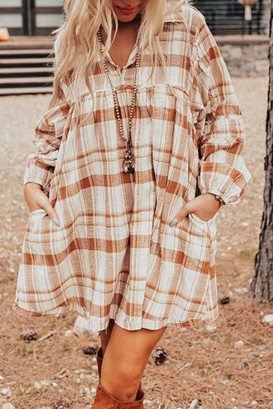 Plaid Collared Neck Long Sleeve Mini Shirt Dress | Casual Shirt Dress