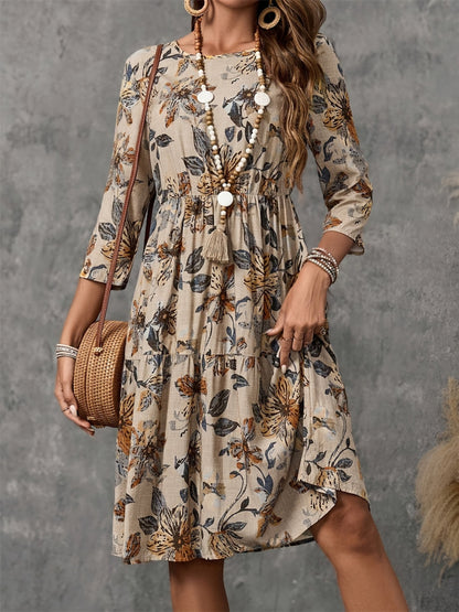 Floral Printed Round Neck Three-Quarter Sleeve Dress | Fall Dresses