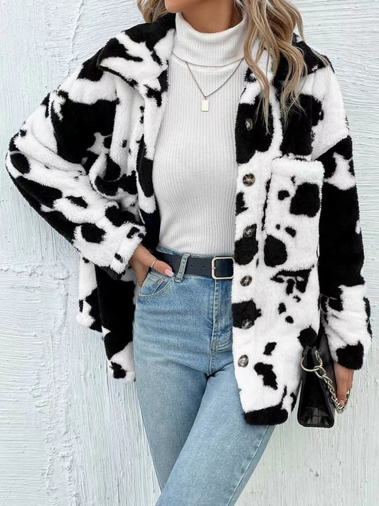 Cow Print Collared Neck Button Up Fuzzy Jacket | Winter Fashion | Trending Jackets