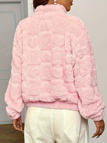 Pink Fuzzy Heart Texture Turtleneck Zip Up Jacket | Winter Fashion | Outerwear