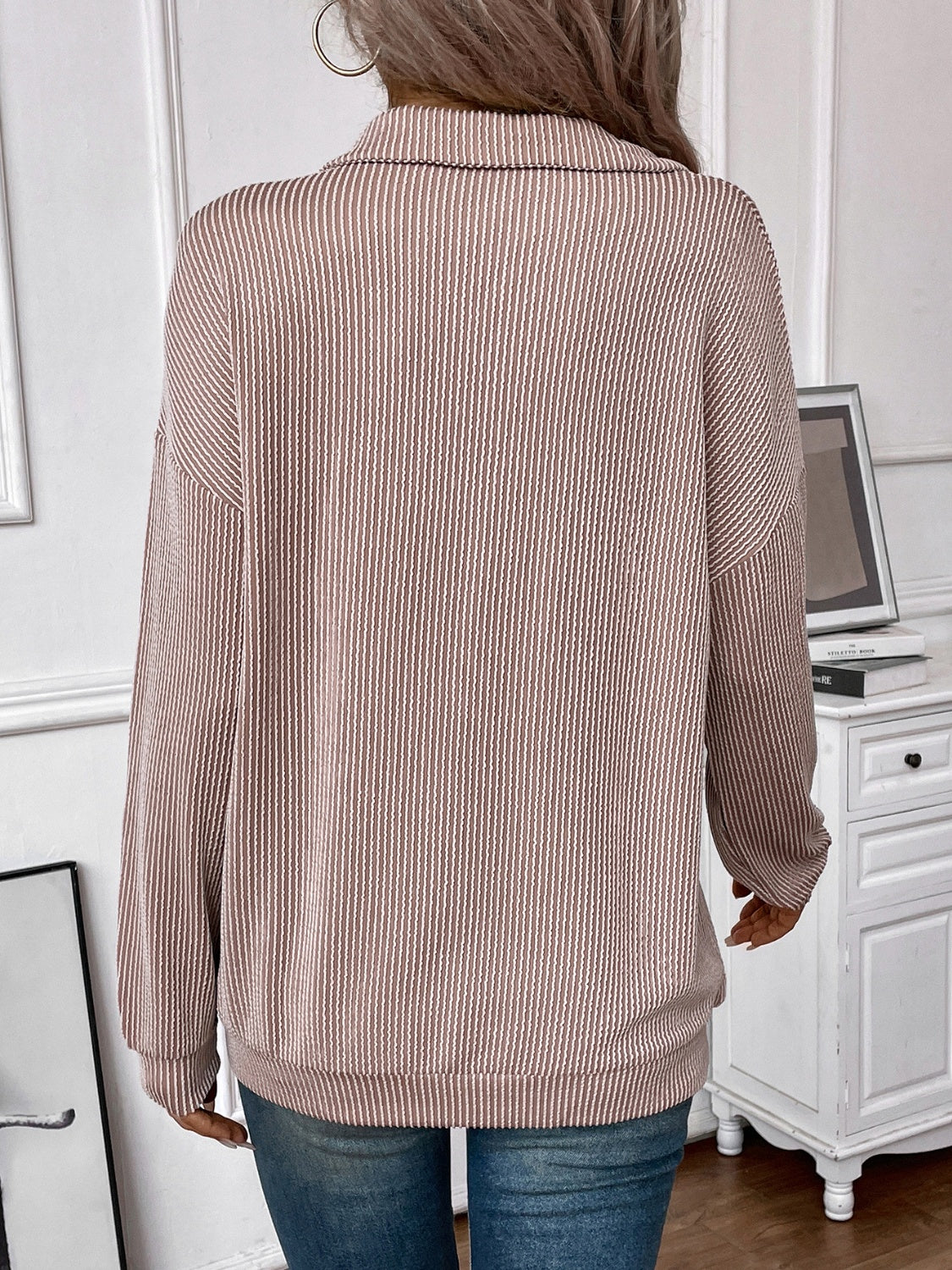 Taupe Cozy Striped Half Zip Long Sleeve T-Shirt