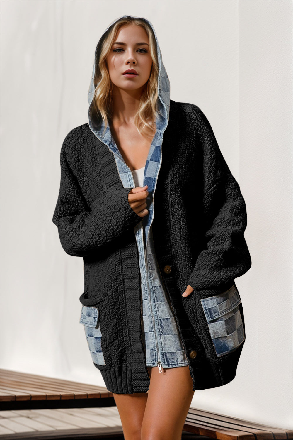 Double Take Full Size Hooded Denim Spliced Sweater Cardigan | Fall Cardigan