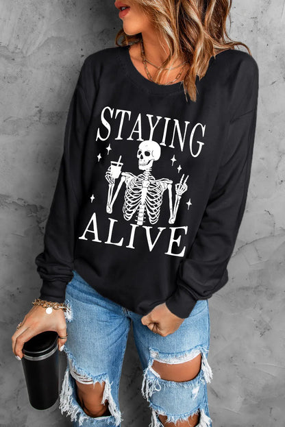 Skull Graphic Halloween Round Neck Long Sleeve Sweatshirt