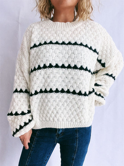 Contrast Stripes Round Neck Long Sleeve Sweater | Winter Fashion | Cozy Weaher