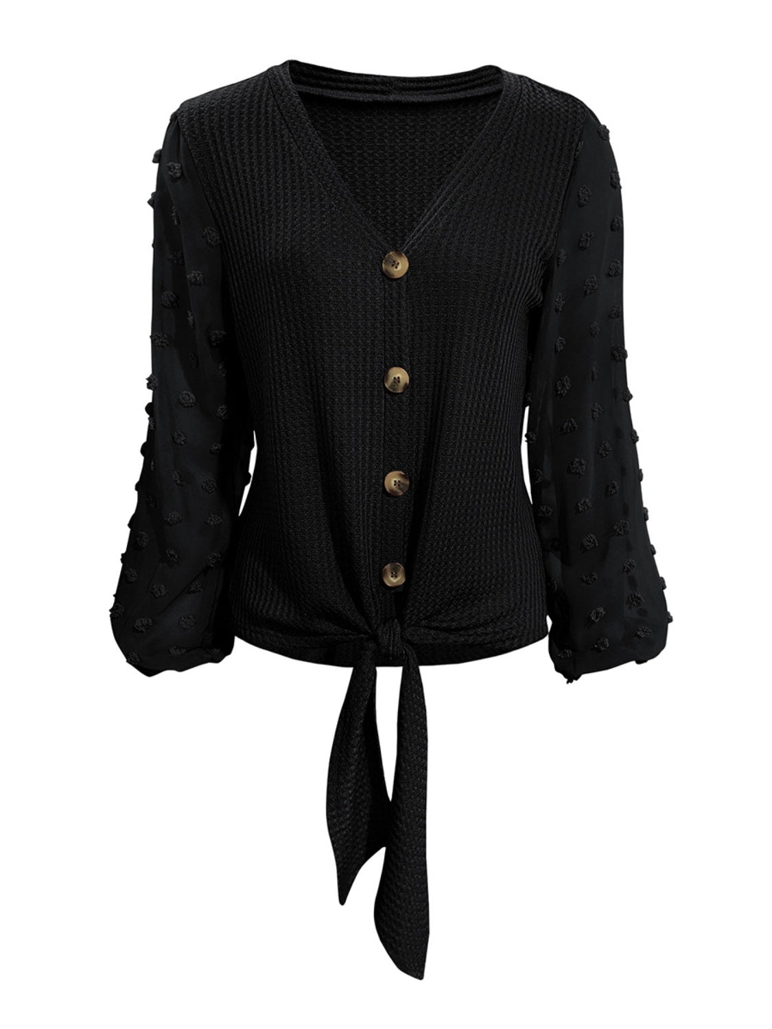 Tied Swiss Dot V-Neck Long Sleeve Sweater Blouse