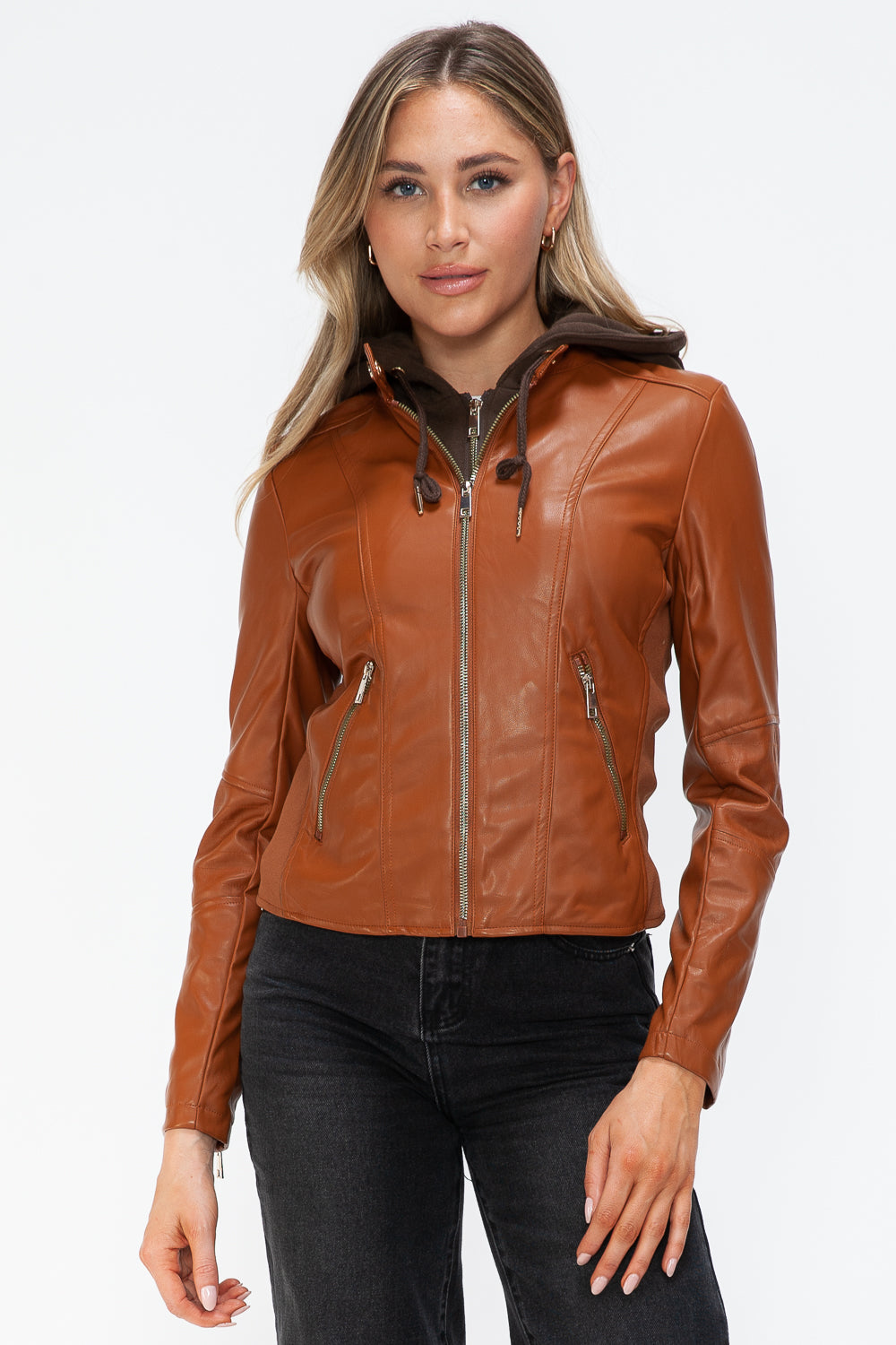 Synthetic Leather Biker Jacket with Side Zip Pockets | Winter Jacket | Drawstring Hooded Jacket