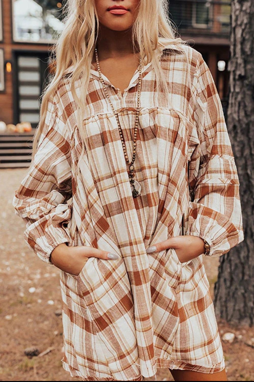 Plaid Collared Neck Long Sleeve Mini Shirt Dress | Casual Shirt Dress