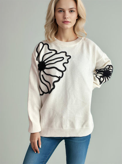 Flower Round Neck Long Sleeve Sweater | Winter Fashion