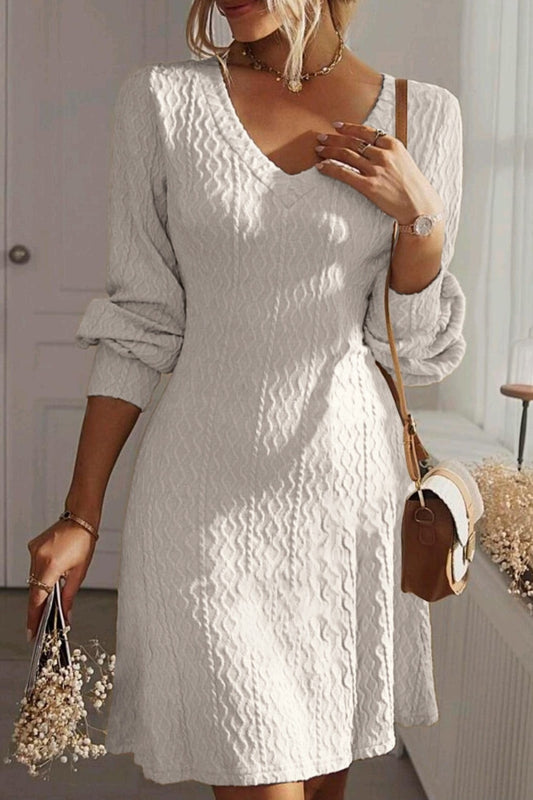 Textured V-Neck Long Sleeve Mini Dress | Winter Fashion | Winter Dresses