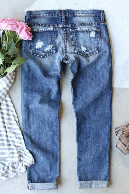 Distressed Football Sequin Straight Leg Jeans