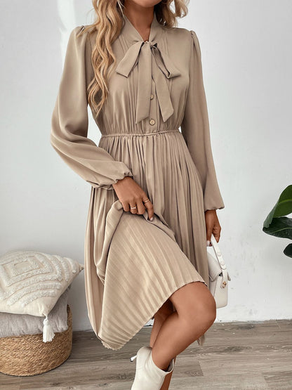 Beige Pleated Tie Neck Long Sleeve Dress | Casual Dress | Fall Fashion