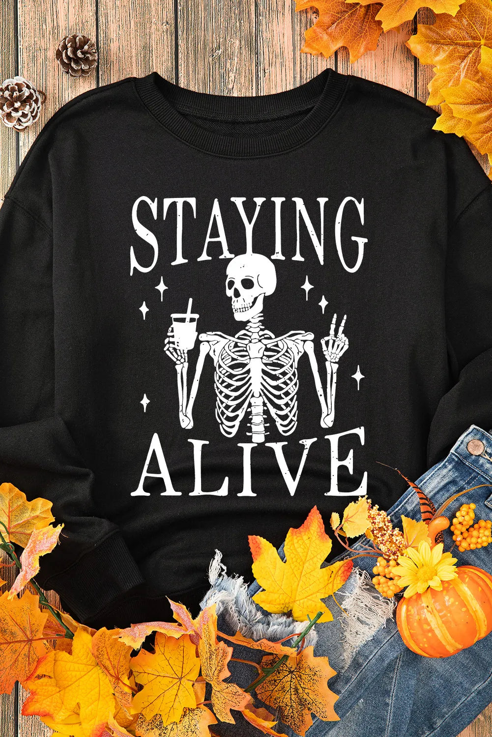 Skull Graphic Halloween Round Neck Long Sleeve Sweatshirt