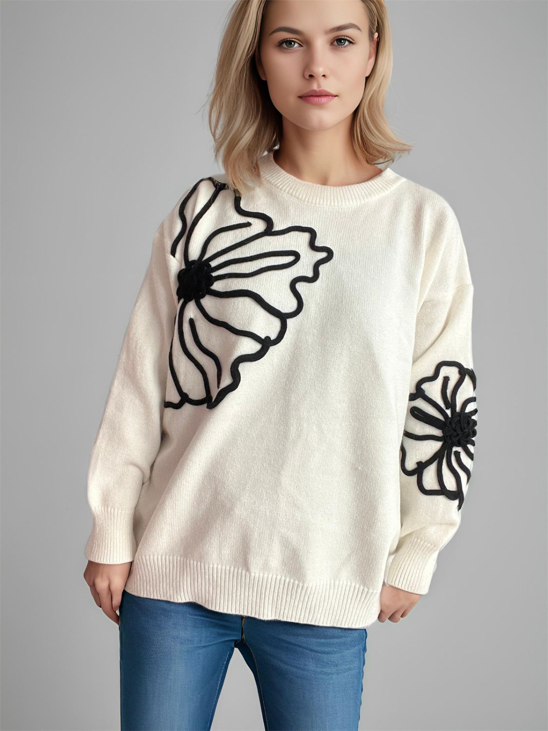 Flower Round Neck Long Sleeve Sweater | Winter Fashion