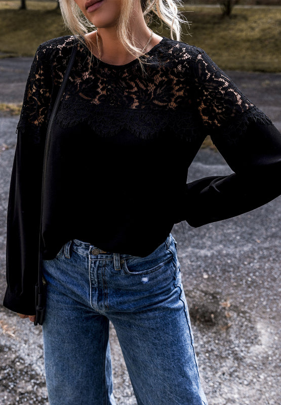 Black Lace Detail Round Neck Long Sleeve Blouse | Casual Tops | Boho Blouses