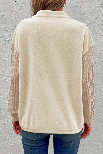 Half Zip Textured Patchwork Drop Shoulder Beige Sweatshirt | Casual Tops