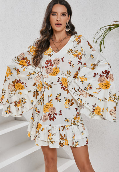 White and Yellow Floral Printed V-Neck Flare Sleeve Mini Dress | Spring Dresses