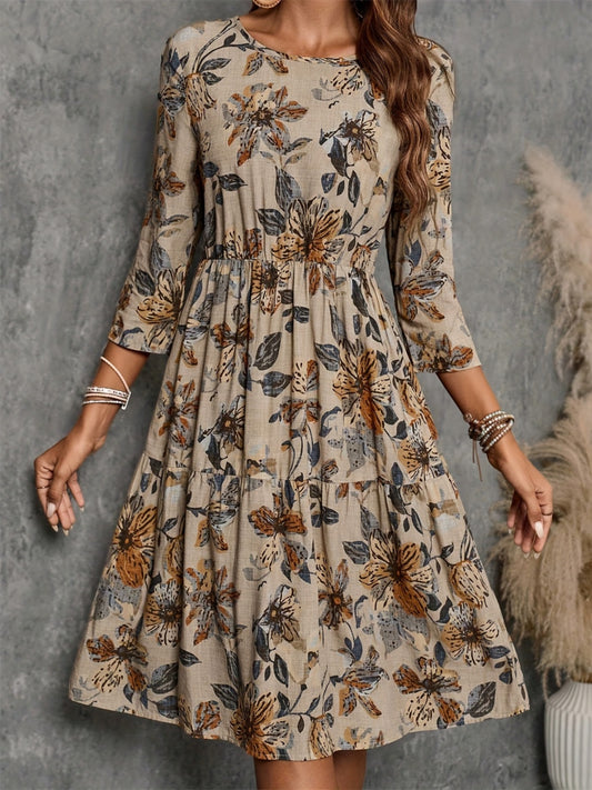 Floral Printed Round Neck Three-Quarter Sleeve Dress | Fall Dresses