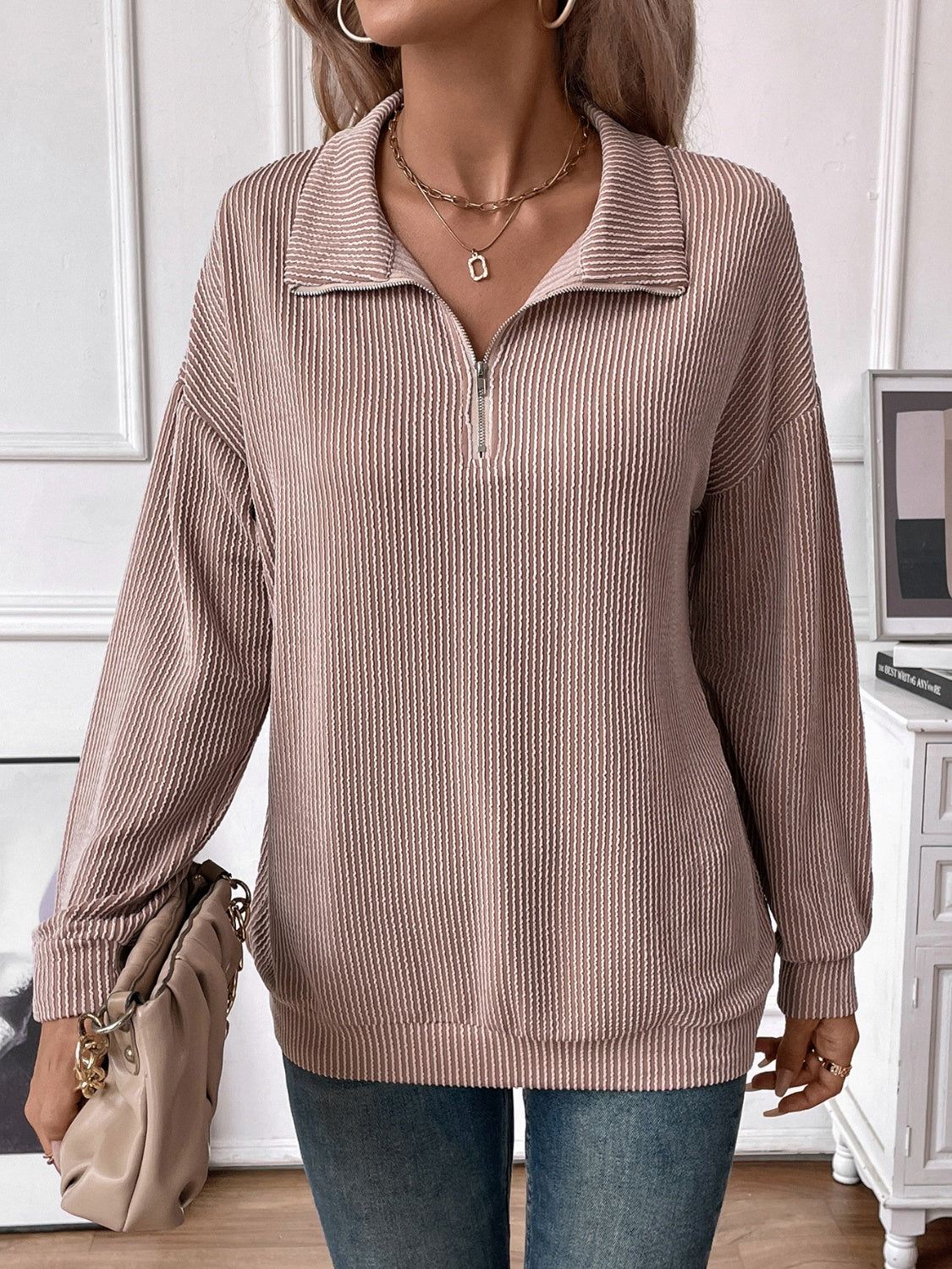 Taupe Cozy Striped Half Zip Long Sleeve T-Shirt