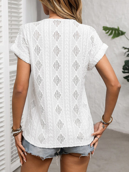 Openwork V-Neck Short Sleeve T-Shirt | Spring Blouse