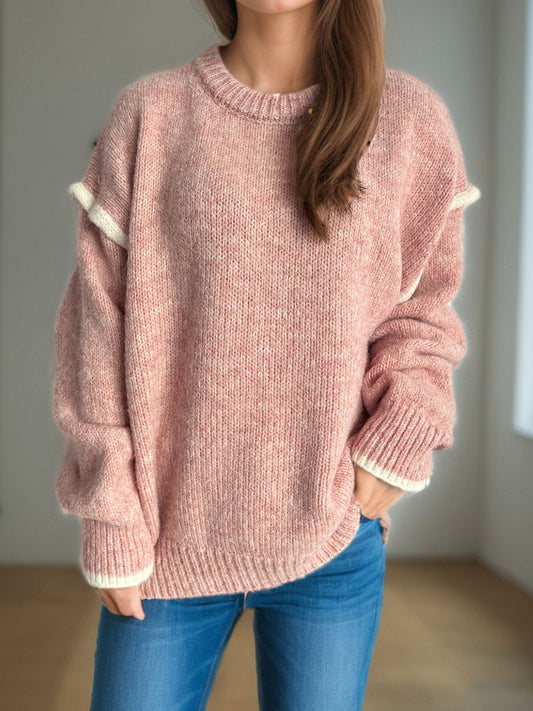 Contrast Trim Round Neck Dropped Shoulder Sweater | Cozy Weather | Cozy Sweaters