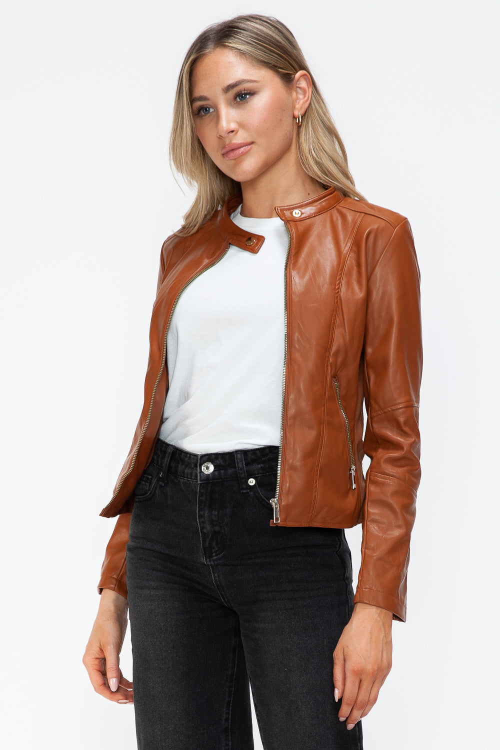 Synthetic Leather Biker Jacket with Side Zip Pockets | Winter Jacket | Drawstring Hooded Jacket